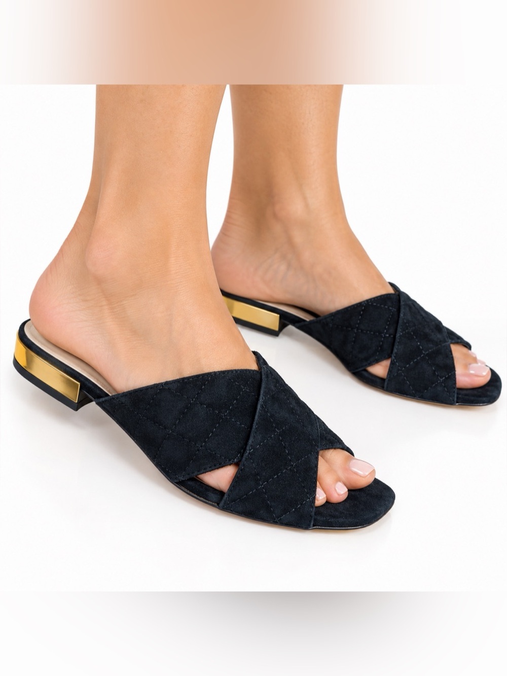 Karl Lagerfeld RAE Quilted Suede Mules Black US Sz 7 M Sandals Gold Trim Flats